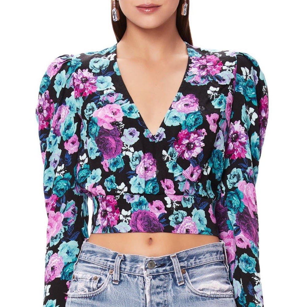 Nordstrom AFRM Black Pink Floral Print Long Sleeve Crop Top